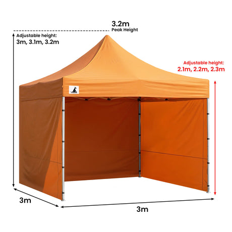 Orange pop up marquee with all five wall panels fitted and the door closed