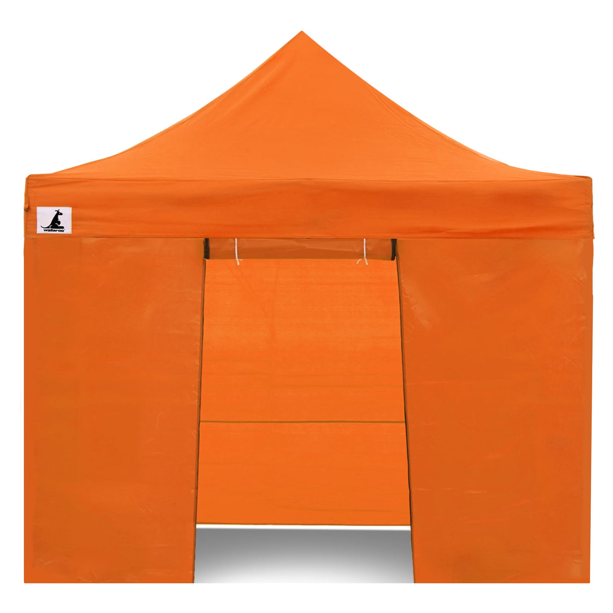 Zip up door panel of the orange gazebo tied open for guests to walk through