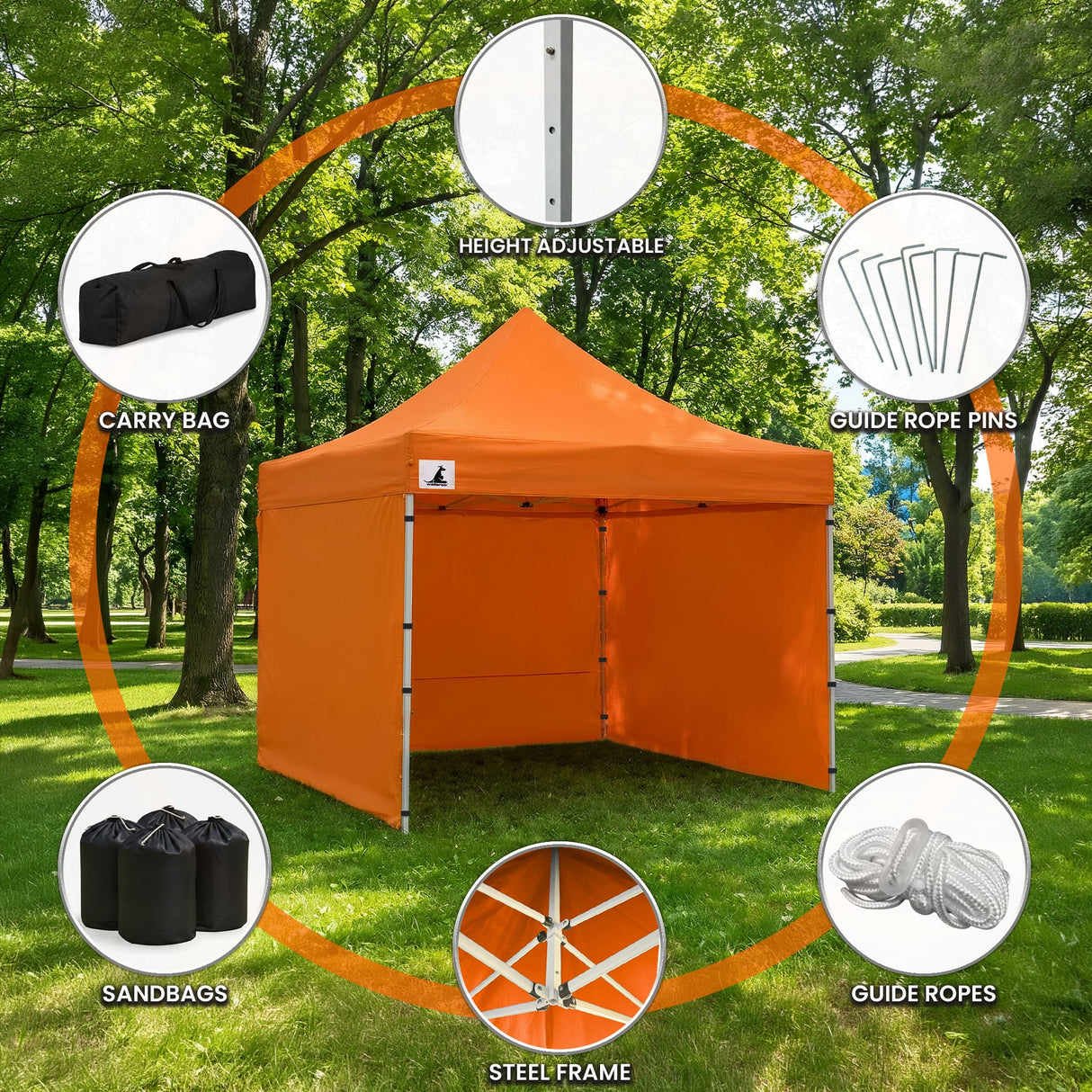 Two people expanding the orange gazebo frame during setup