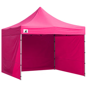 Pink pop up gazebo 3 x 3 m set up on grass with the roof extended