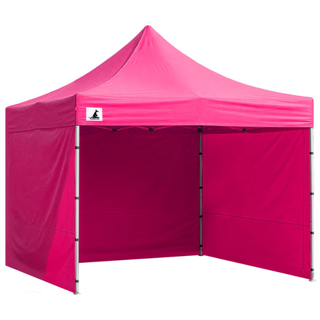 Pink pop up gazebo 3 x 3 m set up on grass with the roof extended