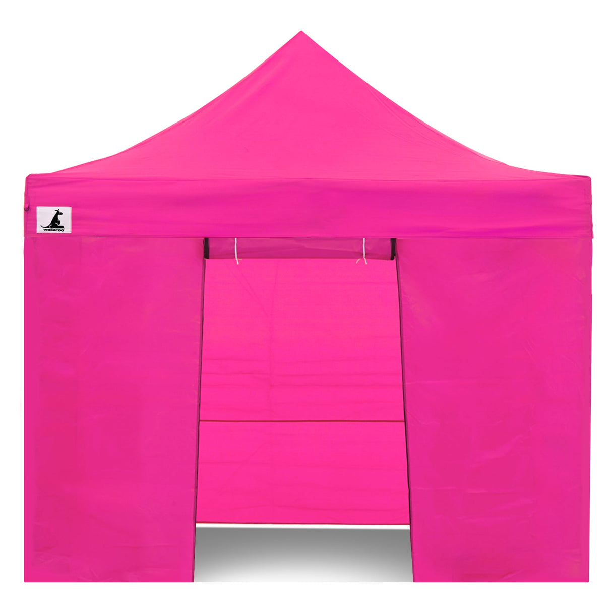 Zip up door panel of the pink gazebo tied open for guests to walk through