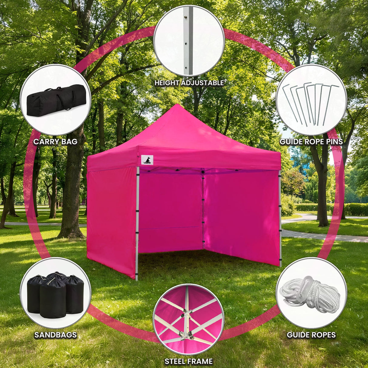 Two people expanding the pink gazebo frame during setup