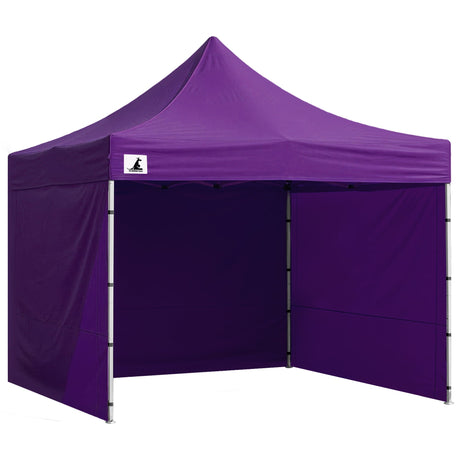 Purple pop up gazebo 3 x 3 m set up on grass with the roof extended