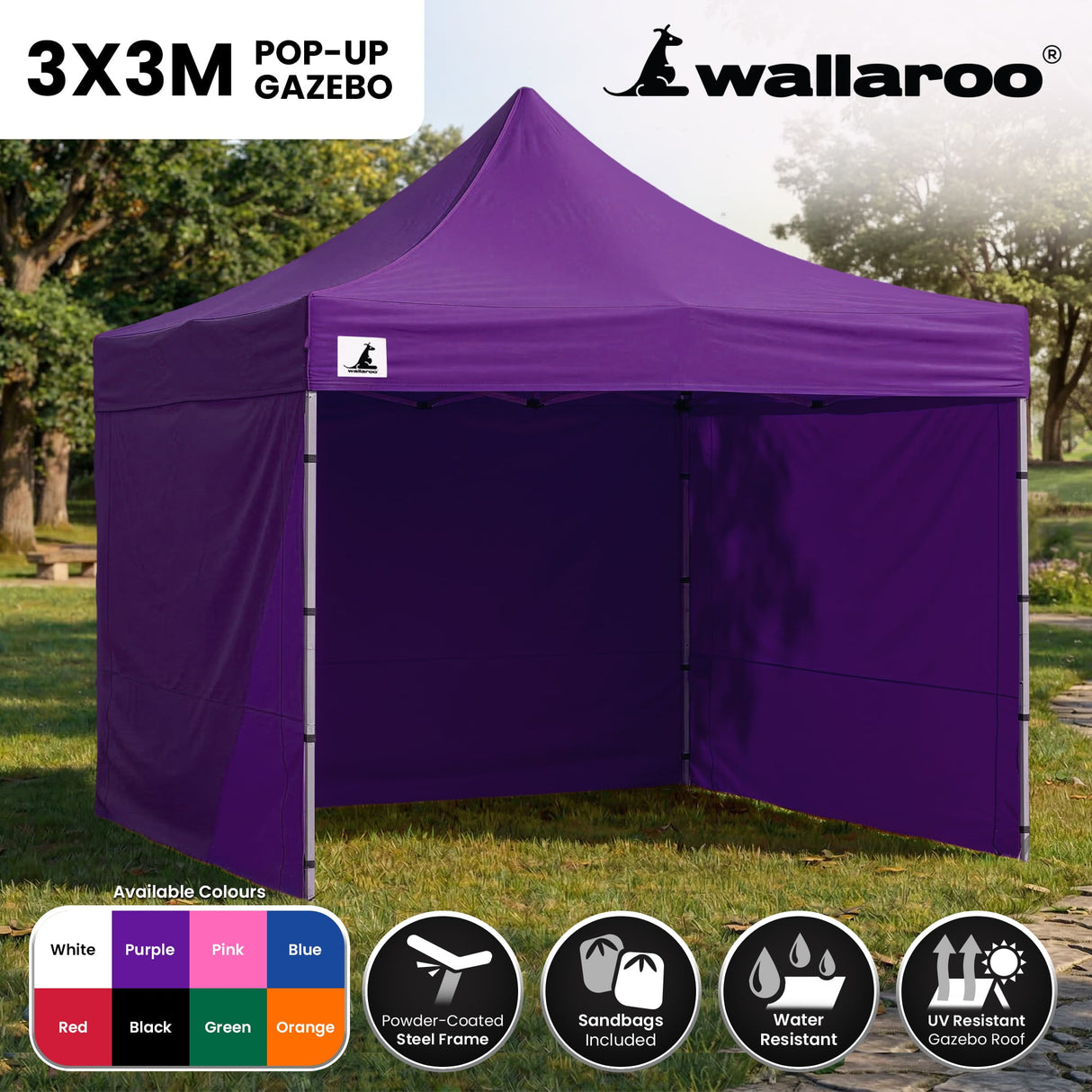 Side view of the purple folding marquee showing the valance and steel legs