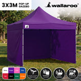 Side view of the purple folding marquee showing the valance and steel legs