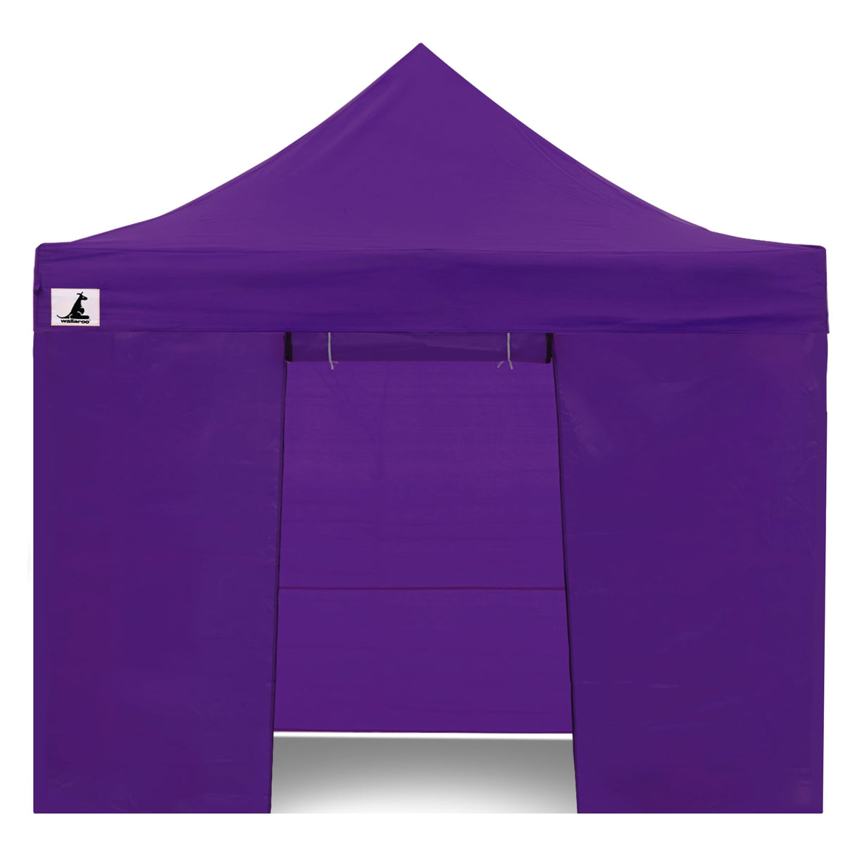 Zip up door panel of the purple gazebo tied open for guests to walk through