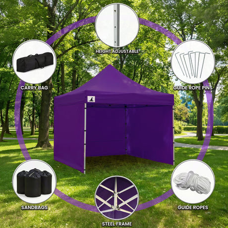 Two people expanding the purple gazebo frame during setup