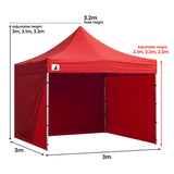 Red pop up marquee with all five wall panels fitted and the door closed