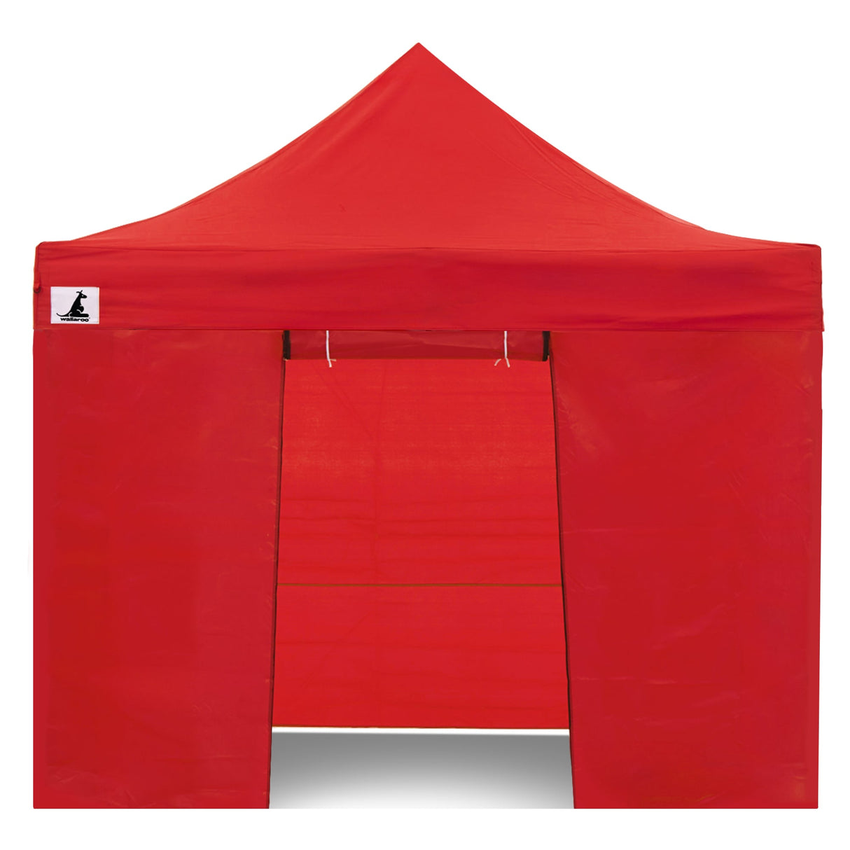 Zip up door panel of the red gazebo tied open for guests to walk through
