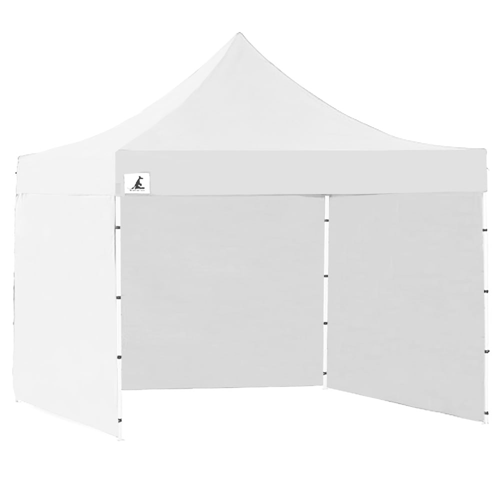 White pop up gazebo 3 x 3 m set up on grass with the roof extended