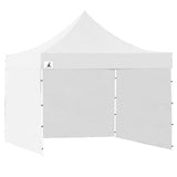 White pop up gazebo 3 x 3 m set up on grass with the roof extended