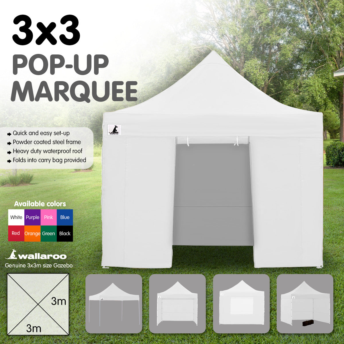 Side view of the white folding marquee showing the valance and steel legs