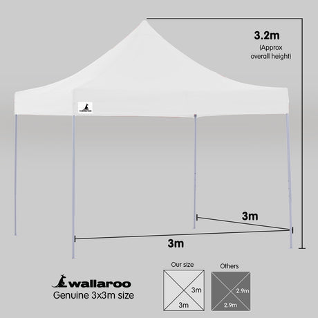 Diagram showing the 3 x 3 m footprint and 3.2 m height of the gazebo
