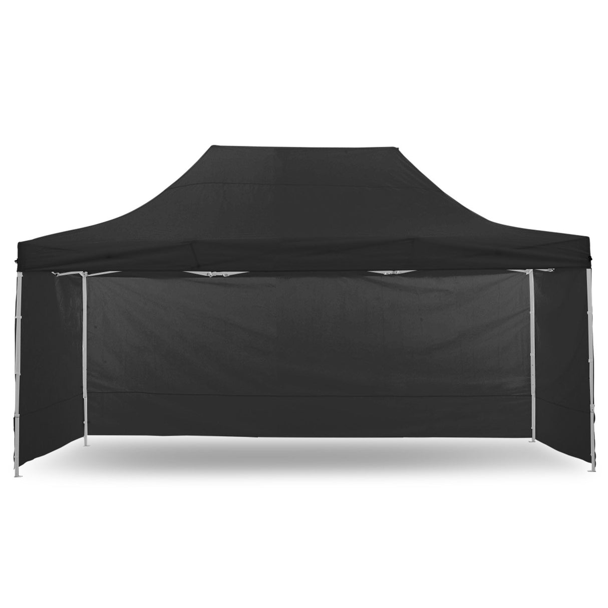 Black pop up gazebo 3 x 4.5 m set up on grass with the roof extended