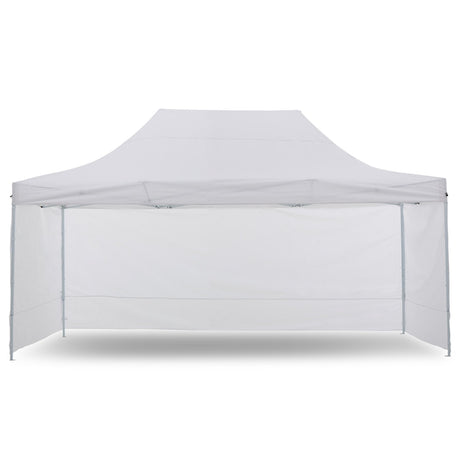 White pop up gazebo 3 x 4.5 m set up on grass with the roof extended