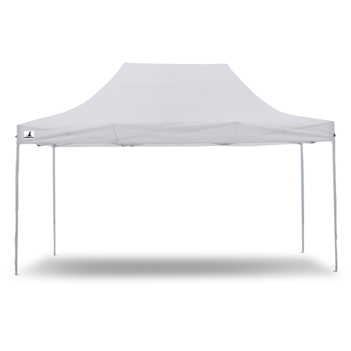 Side view of the white folding marquee showing the valance and steel legs