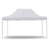 Side view of the white folding marquee showing the valance and steel legs