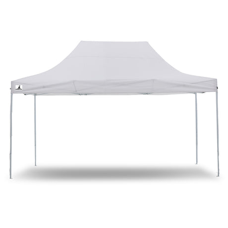Side view of the white folding marquee showing the valance and steel legs