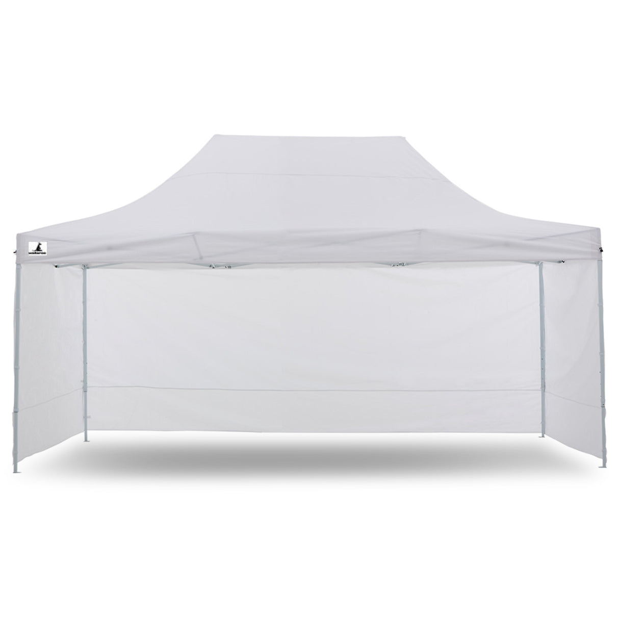 Zip up door panel of the white gazebo tied open for guests to walk through
