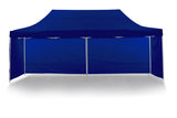 Blue pop up gazebo 3 x 6 m set up on grass with the roof fully extended
