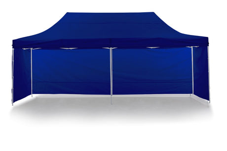 Blue pop up gazebo 3 x 6 m set up on grass with the roof fully extended