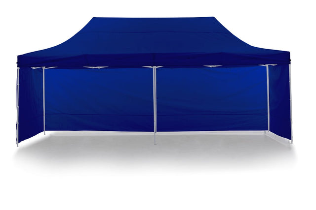 Blue pop up gazebo 3 x 6 m set up on grass with the roof fully extended