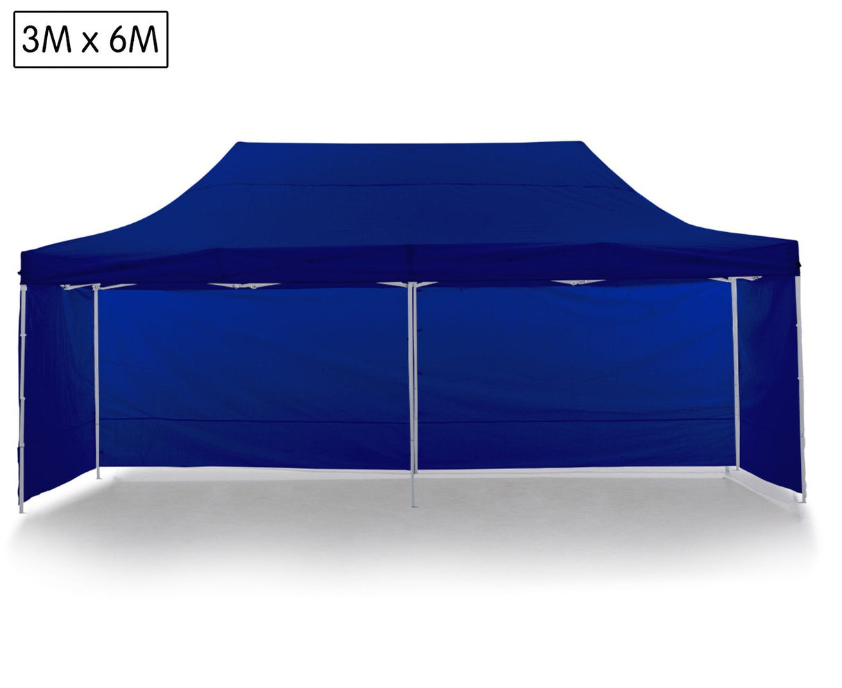 Side view of the blue 3 x 6 m marquee showing the six leg steel frame