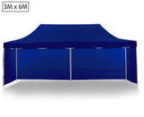 Side view of the blue 3 x 6 m marquee showing the six leg steel frame