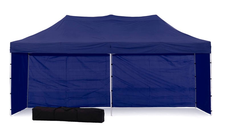 Blue pop up marquee with all wall panels fitted and the door zipped closed