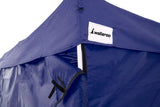 Zip up door panel of the blue gazebo tied open for guests to walk through
