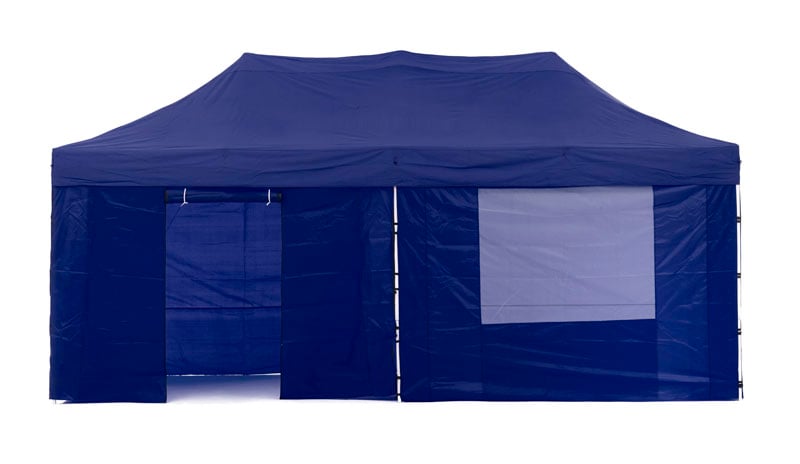 Close up of the concertina steel frame and valance of the blue gazebo