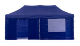 Close up of the concertina steel frame and valance of the blue gazebo