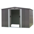 Outdoor grey galvanised steel garden shed with spire roof, front view