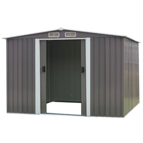 Outdoor grey galvanised steel garden shed with spire roof, front view