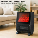 Side view of portable 2000W flame effect heater in a living room