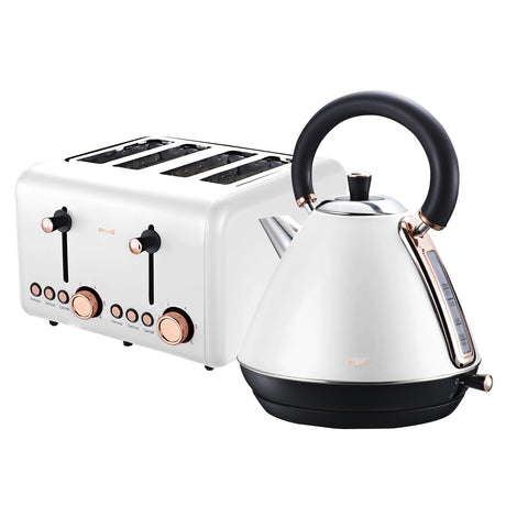 Matching white kettle and 4 slice toaster set with rose gold trim