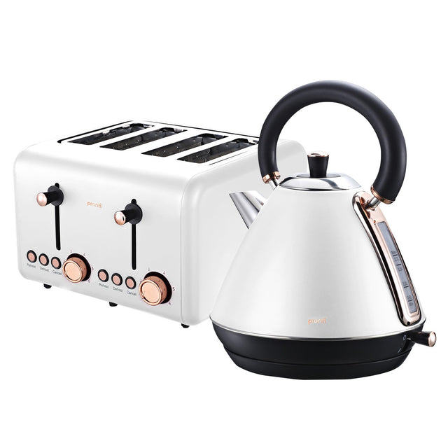 Matching white kettle and 4 slice toaster set with rose gold trim