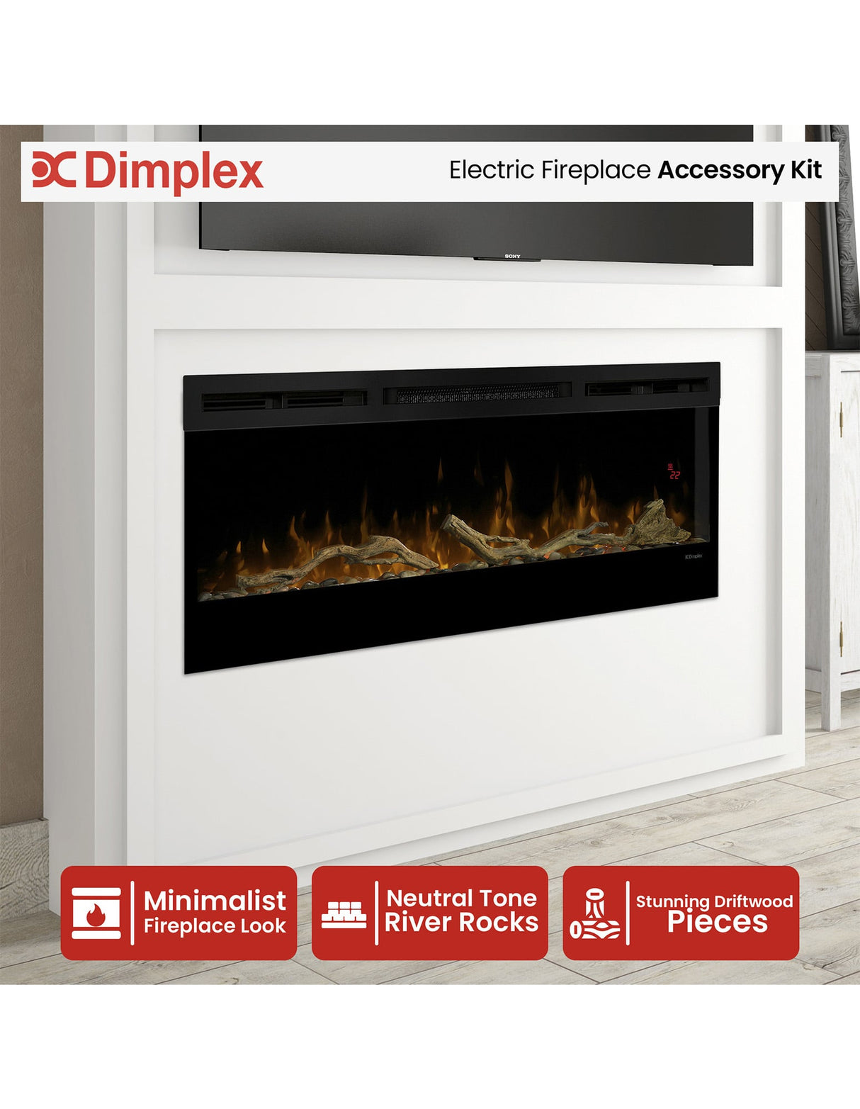 Driftwood pieces arranged over neutral tone river rocks in a linear fireplace