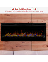 Flame effect rising between driftwood and river rocks in a linear fireplace