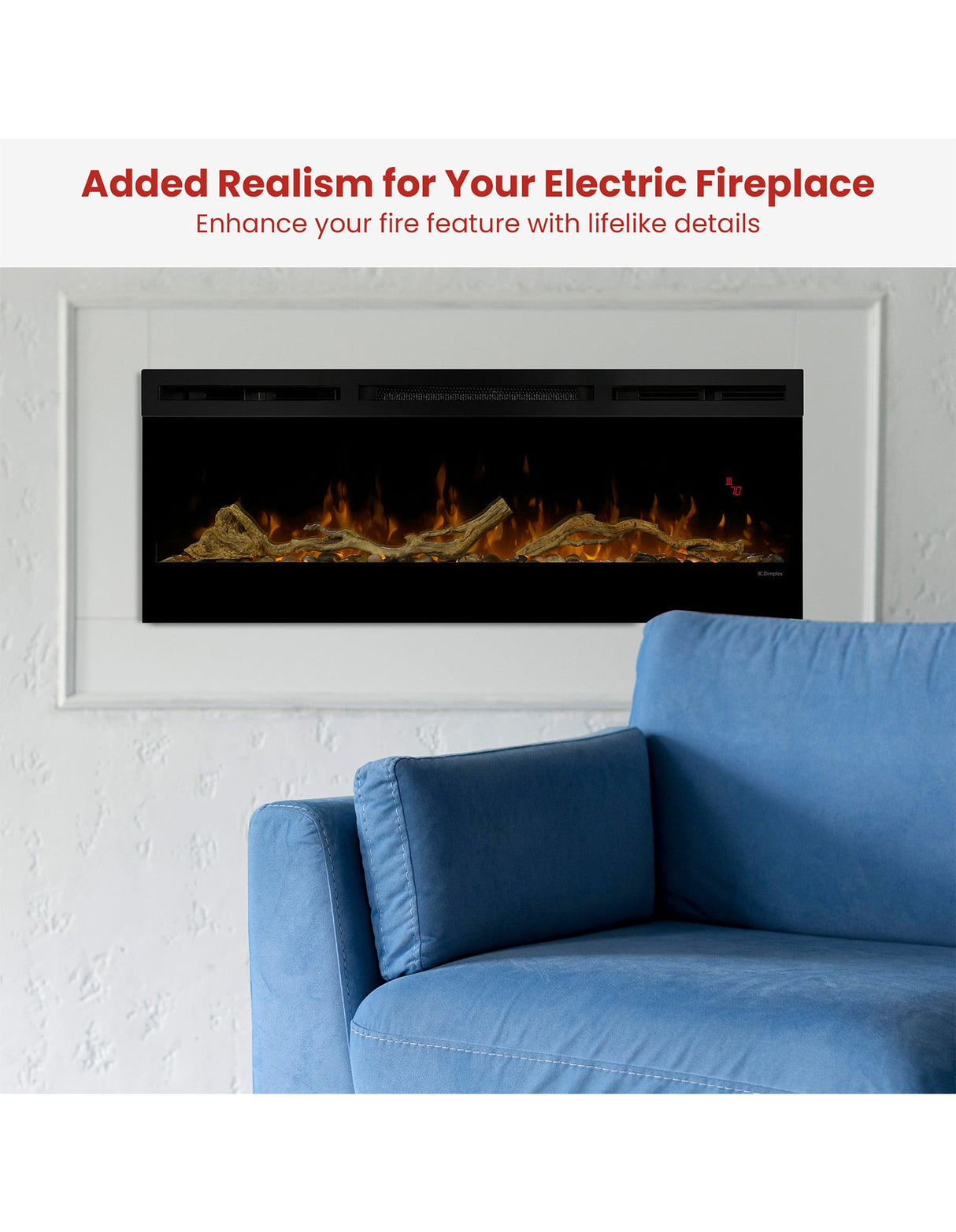 Minimalist driftwood fuel bed styled in a wall mounted linear fireplace