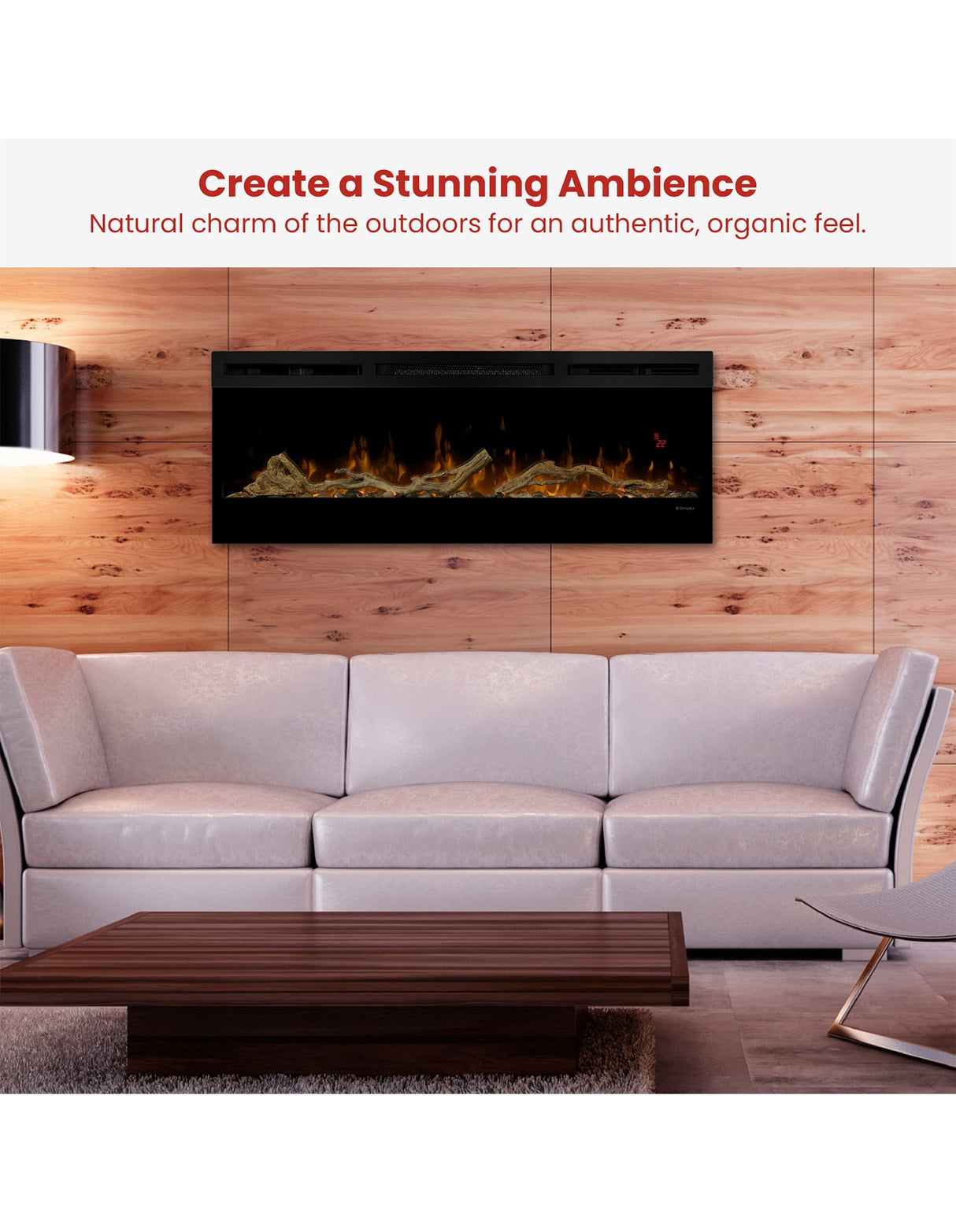 Layered arrangement of driftwood and river rocks across the fireplace base