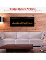 Layered arrangement of driftwood and river rocks across the fireplace base