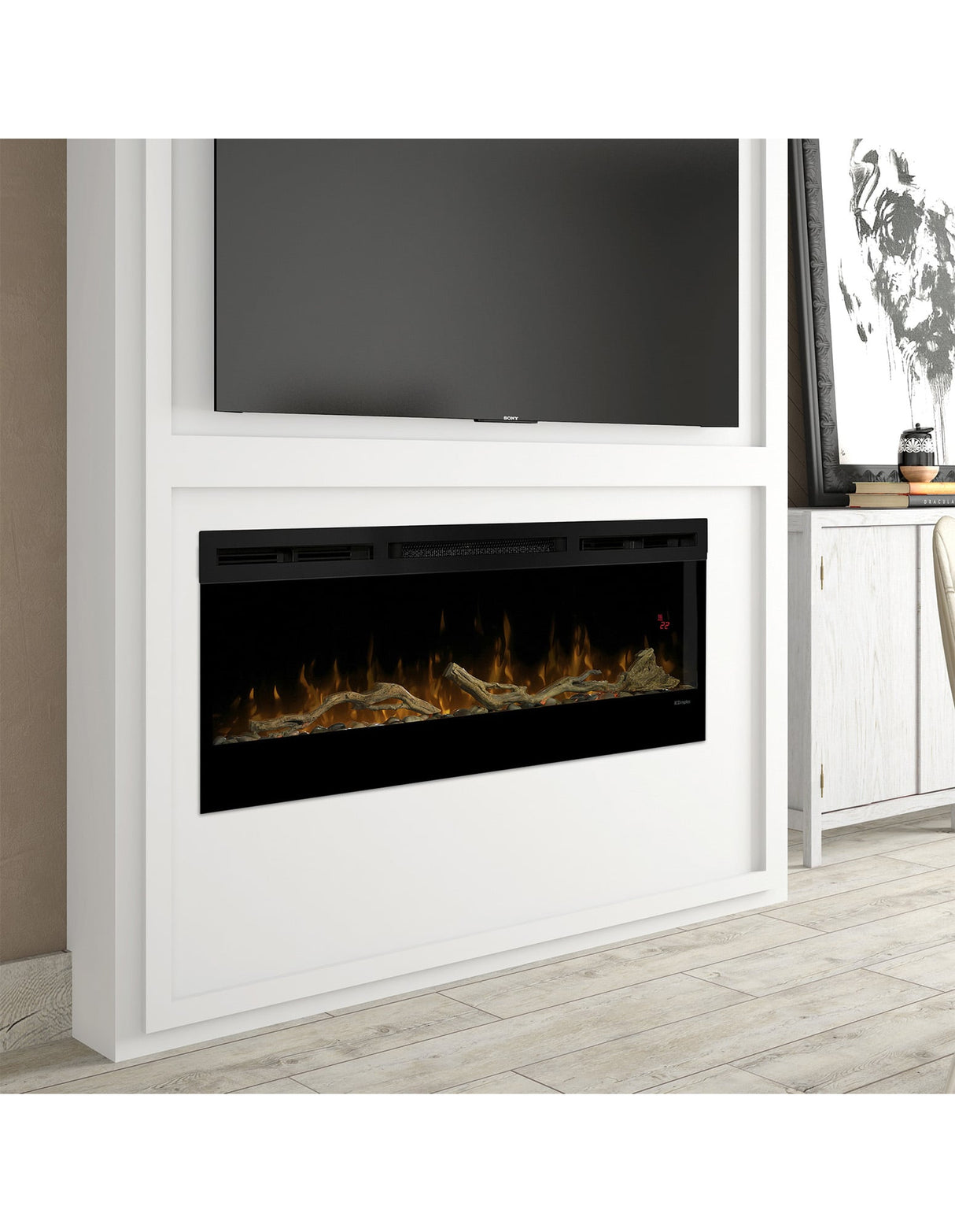 Coastal styled linear electric fireplace with driftwood and river rock media kit