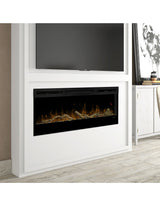 Coastal styled linear electric fireplace with driftwood and river rock media kit