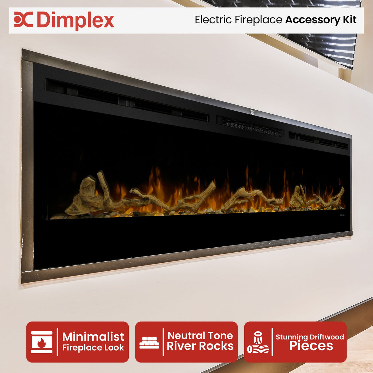 Driftwood pieces arranged over neutral tone river rocks in a long linear fireplace