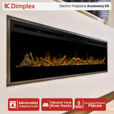 Driftwood pieces arranged over neutral tone river rocks in a long linear fireplace
