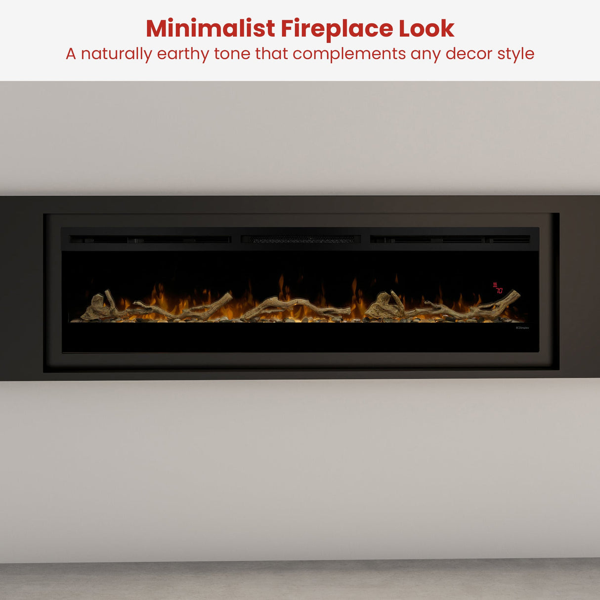 Flame effect rising between driftwood and river rocks in a linear fireplace