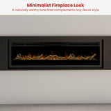 Flame effect rising between driftwood and river rocks in a linear fireplace