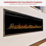 Minimalist driftwood fuel bed styled in a wide wall mounted linear fireplace